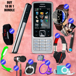 10 in 1 Bundle Offer , Nokia 6300 Mobile Phone ,Portable USB LED Lamp, Wired Earphones, Ring Holder, Headphone, Mobile Holder, Universal LED Band Watch, Yazol Watch, Selfie Stick, Mp3 Player